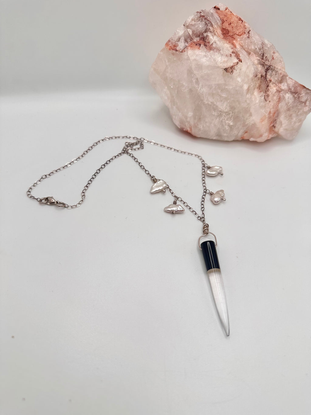Quartz and Obsidian with Pearls necklace