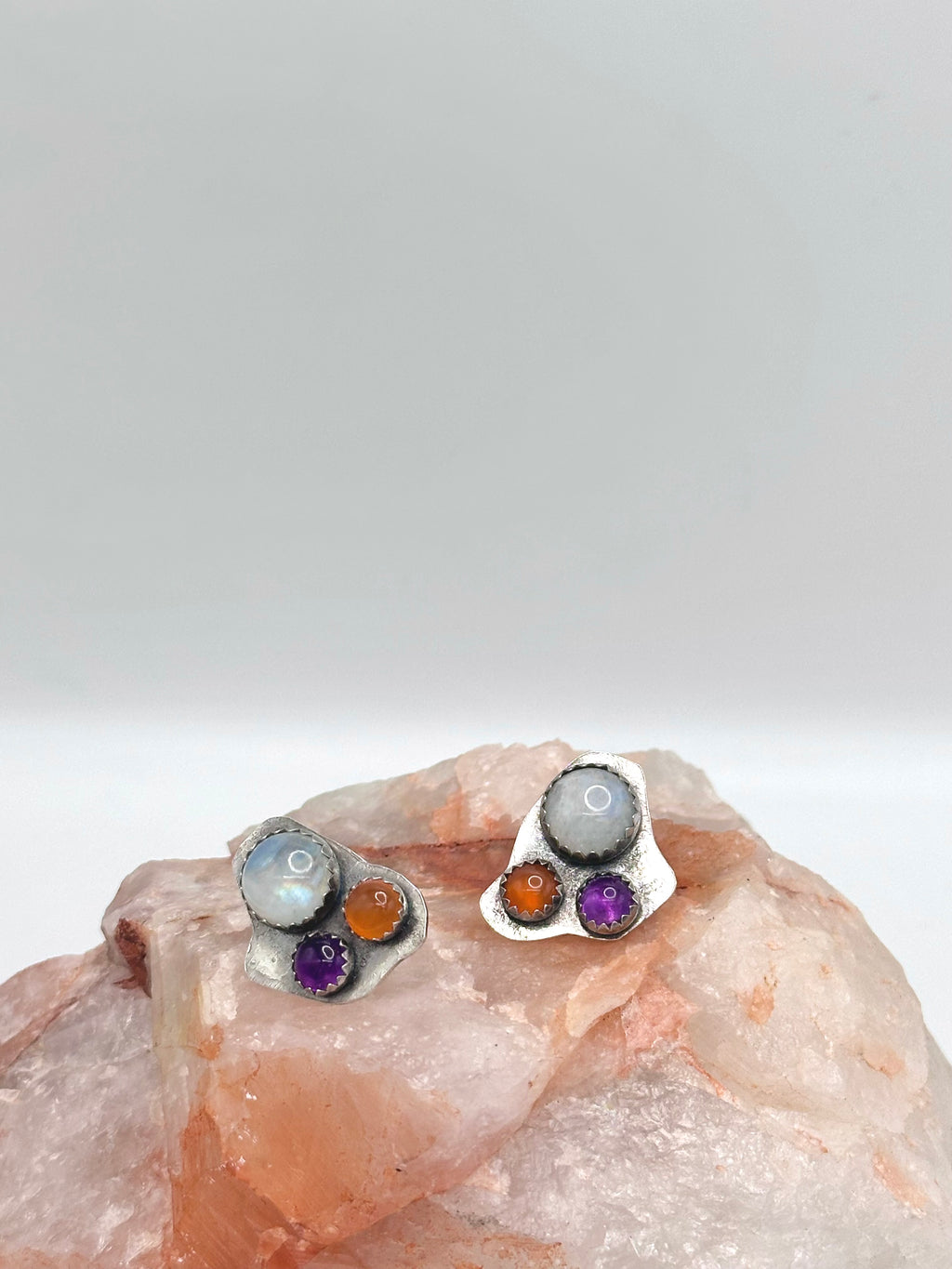 Moonstone, Amethyst + Carnelian studs
