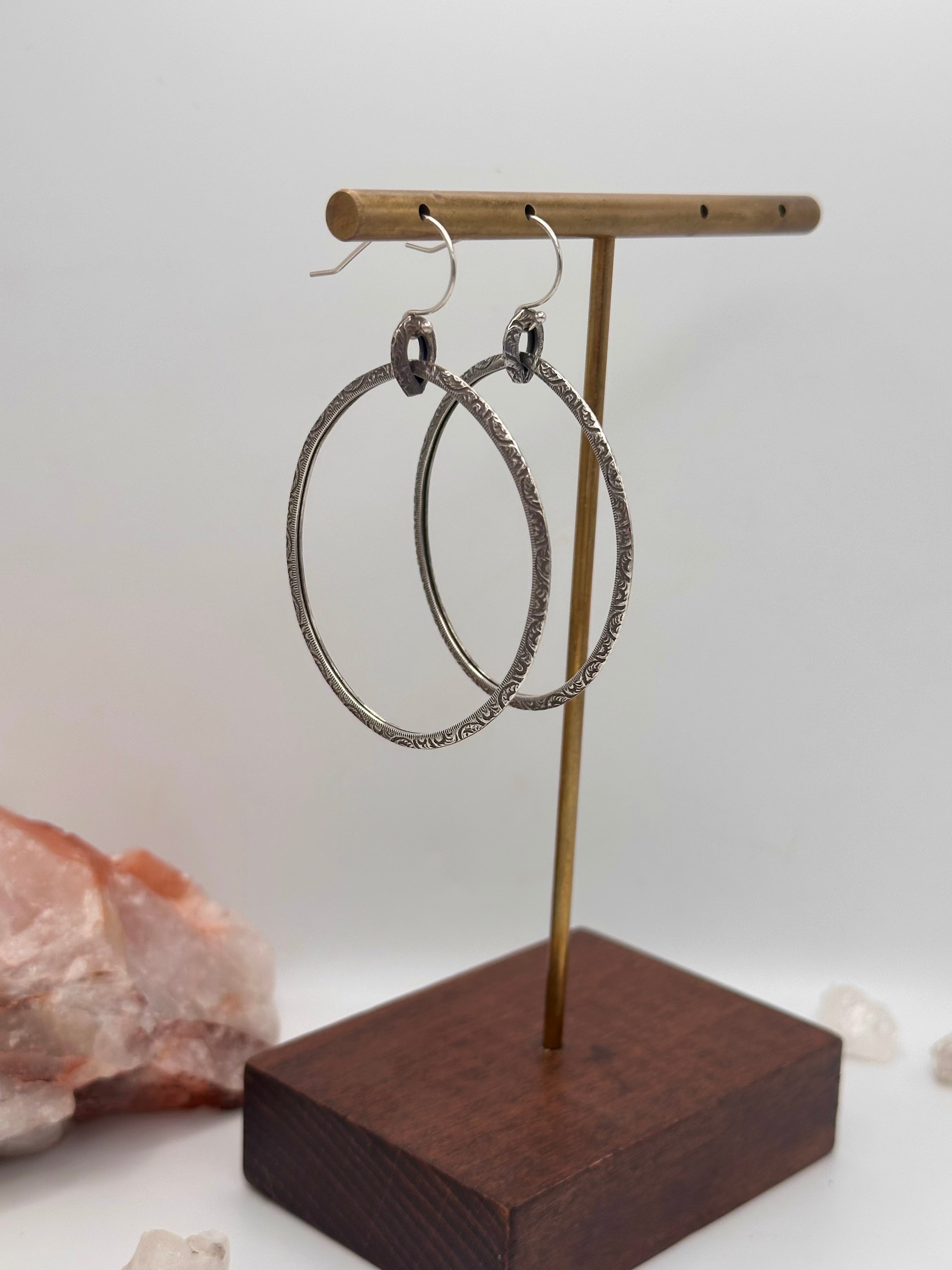 Silver floral dangle hoops