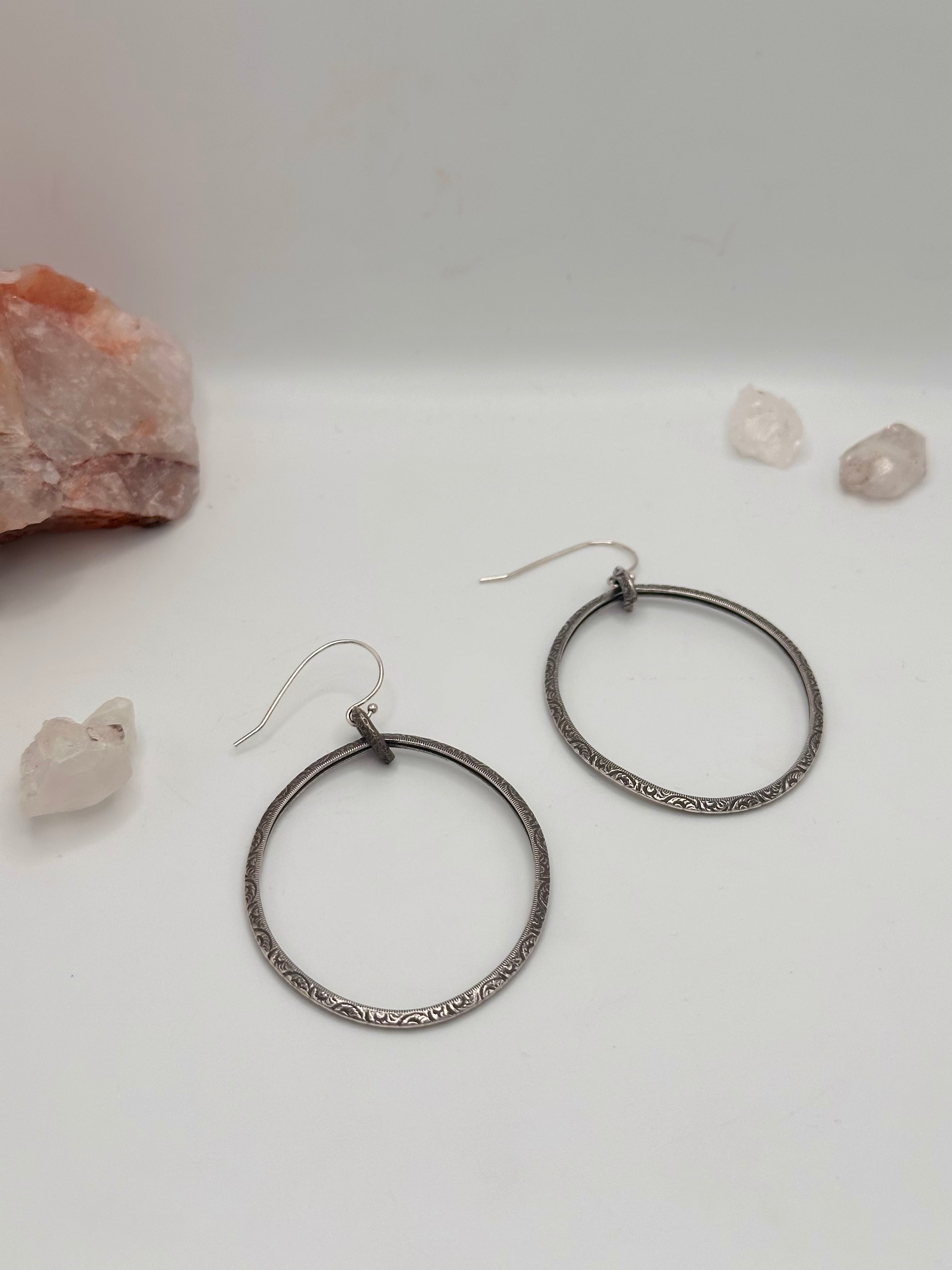 Silver floral dangle hoops