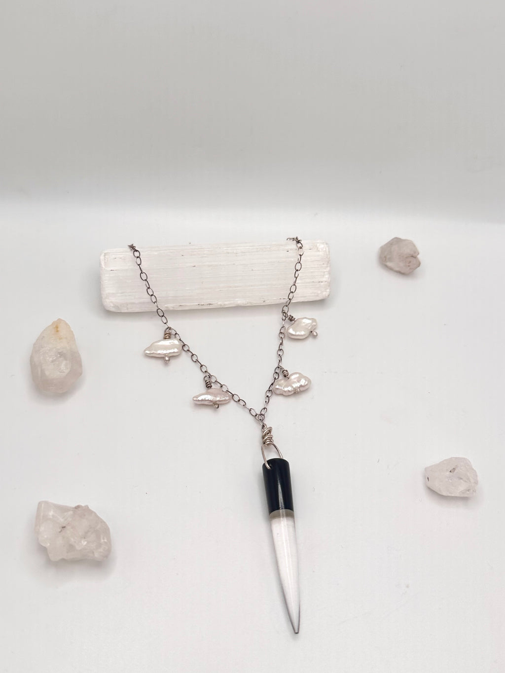 Quartz and Obsidian with Pearls necklace
