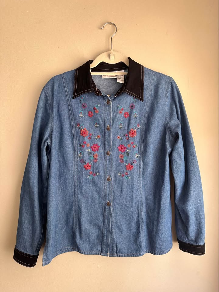 Vintage Denim Shirt with Floral Embroidery + Beads