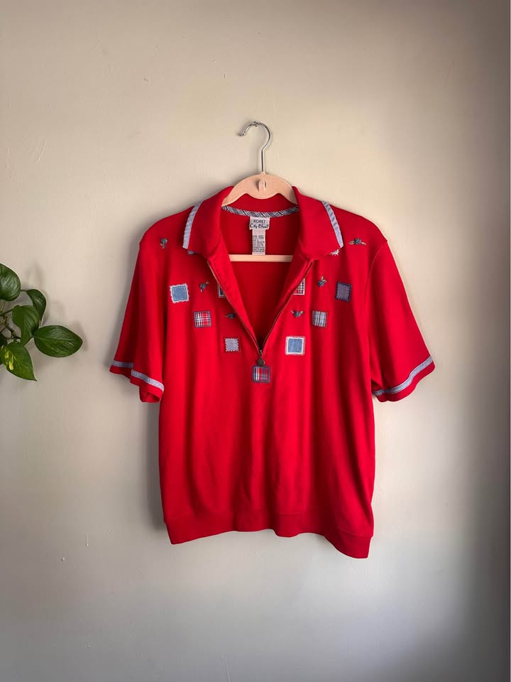 Patches and Floral Embroidered Half-Zip Polo