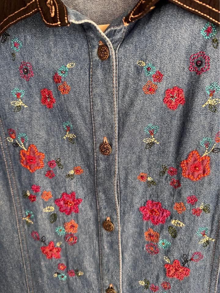 Vintage Denim Shirt with Floral Embroidery + Beads