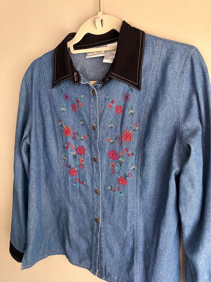 Vintage Denim Shirt with Floral Embroidery + Beads