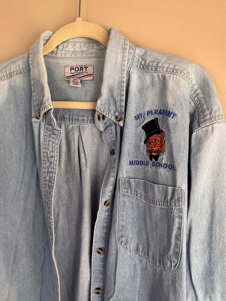 Tiger in a Top Hat Embroidered Denim Shirt
