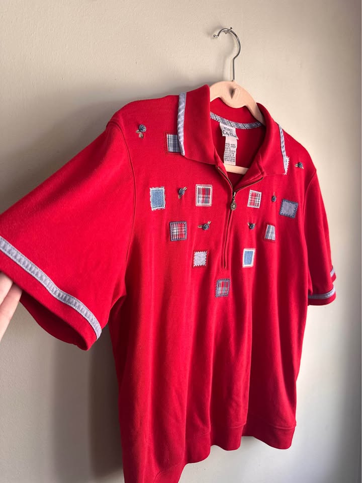 Patches and Floral Embroidered Half-Zip Polo