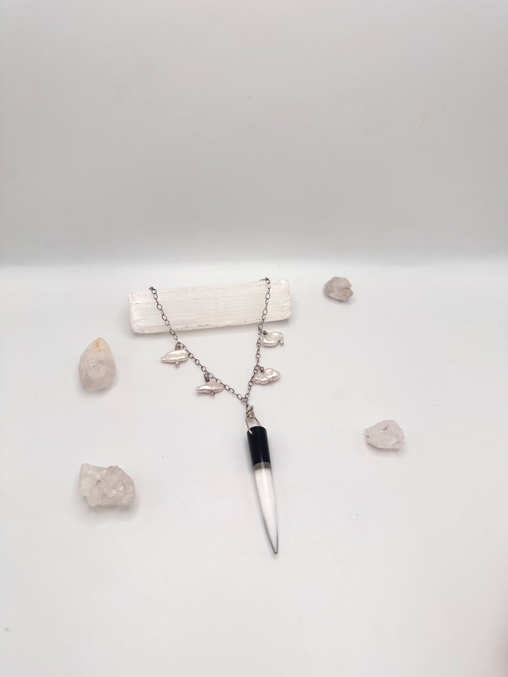 Quartz and Obsidian with Pearls necklace