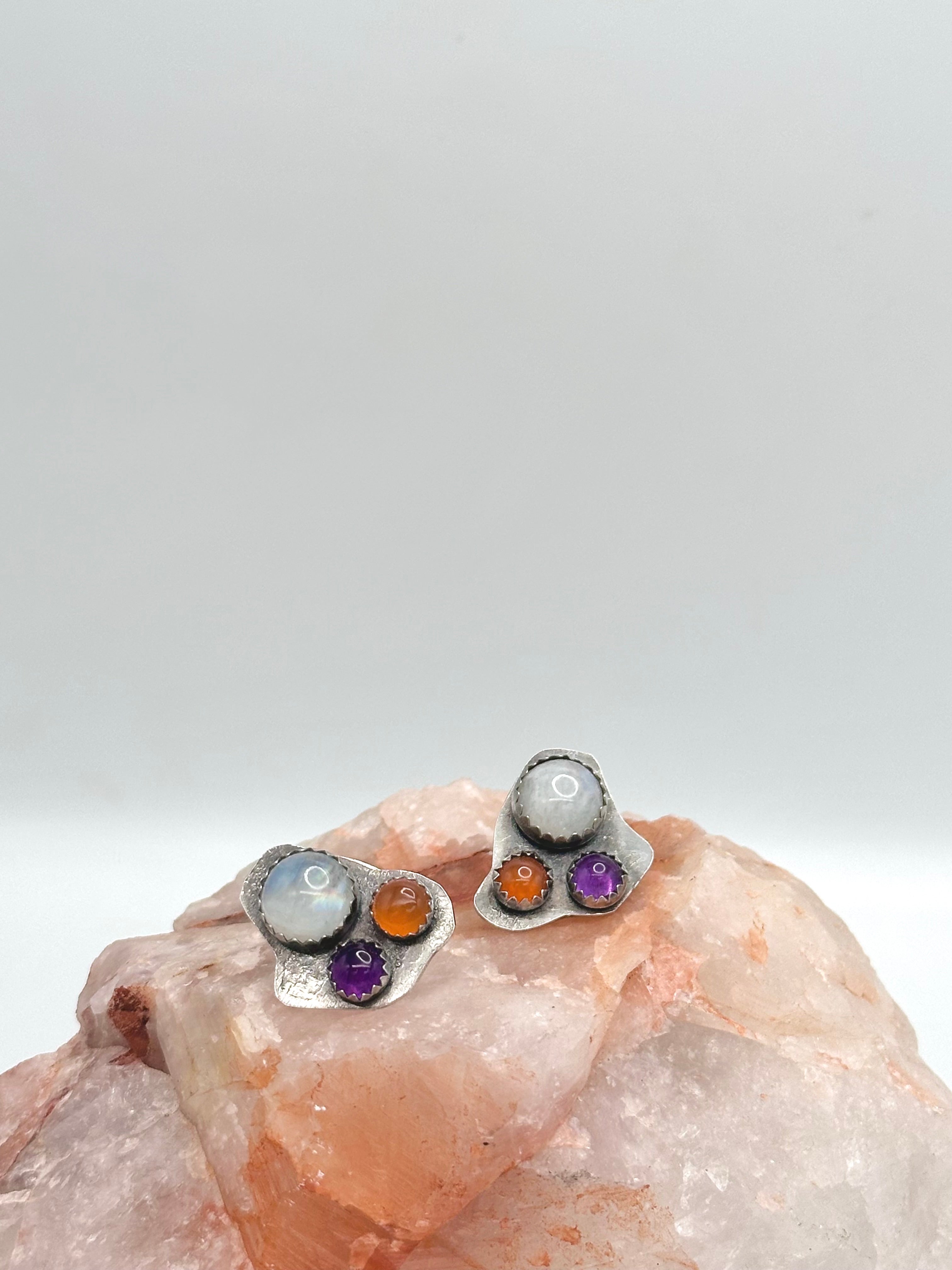 Moonstone, Amethyst + Carnelian studs