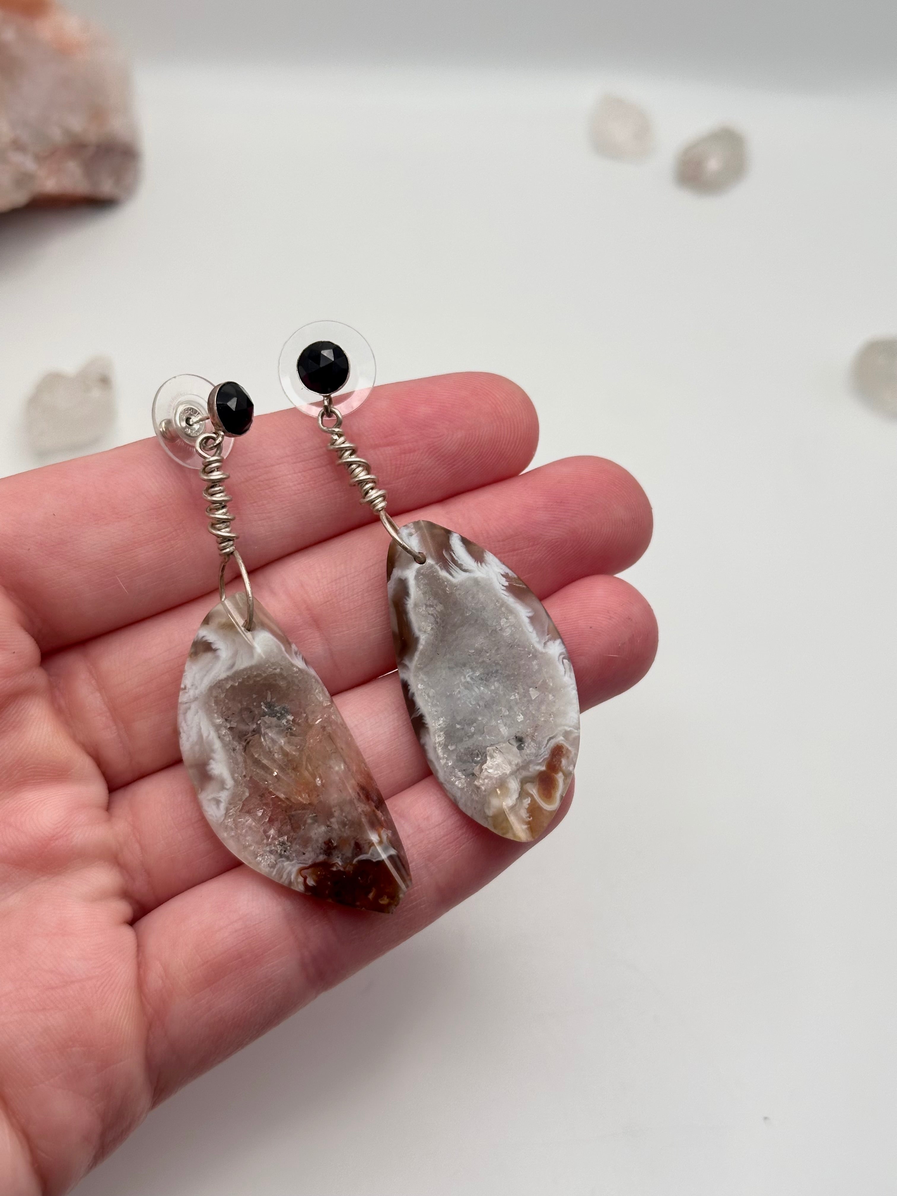 Druzy Agate nuggets with Smoky Quartz
