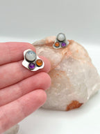 Moonstone, Amethyst + Carnelian studs
