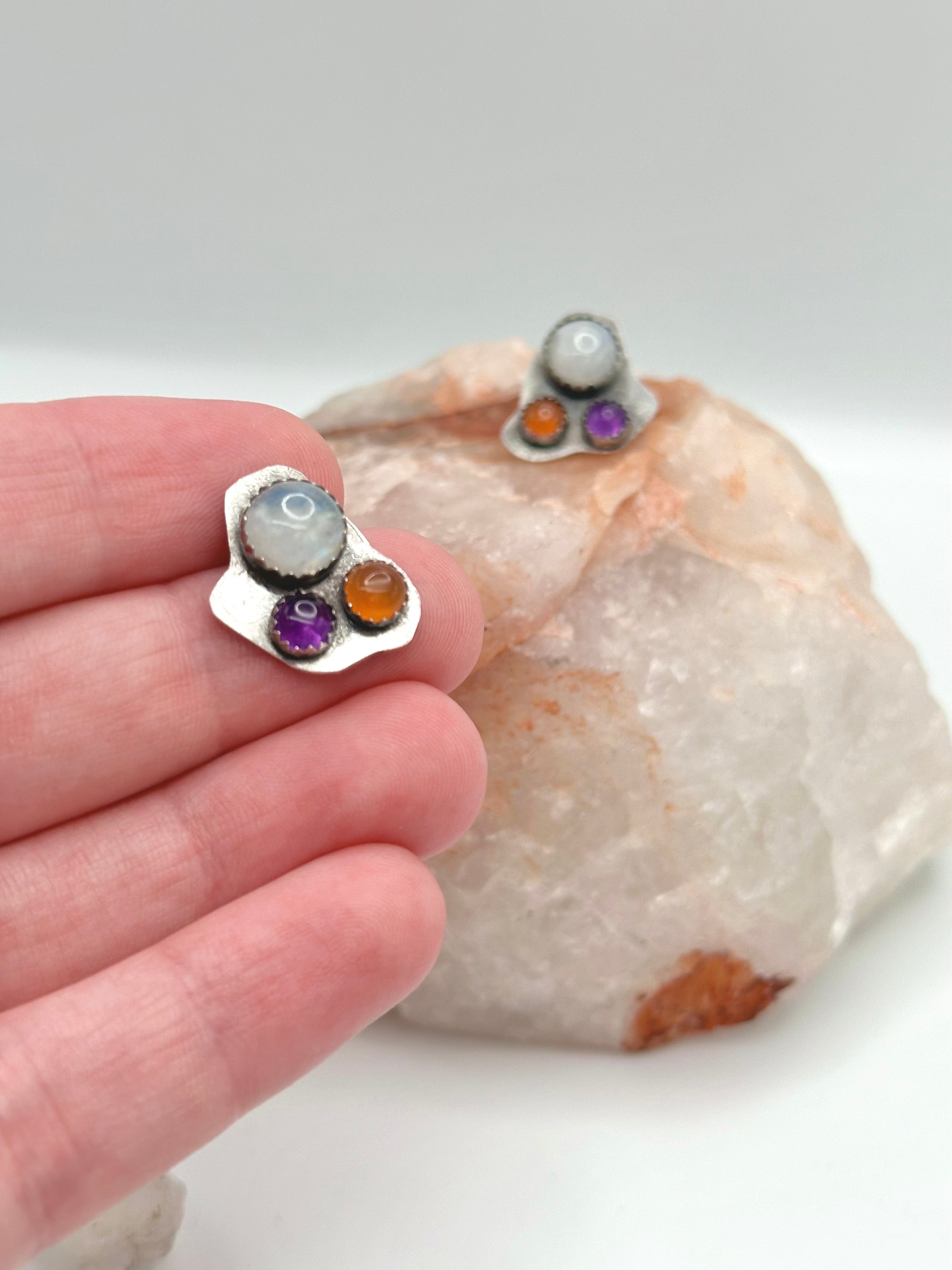 Moonstone, Amethyst + Carnelian studs