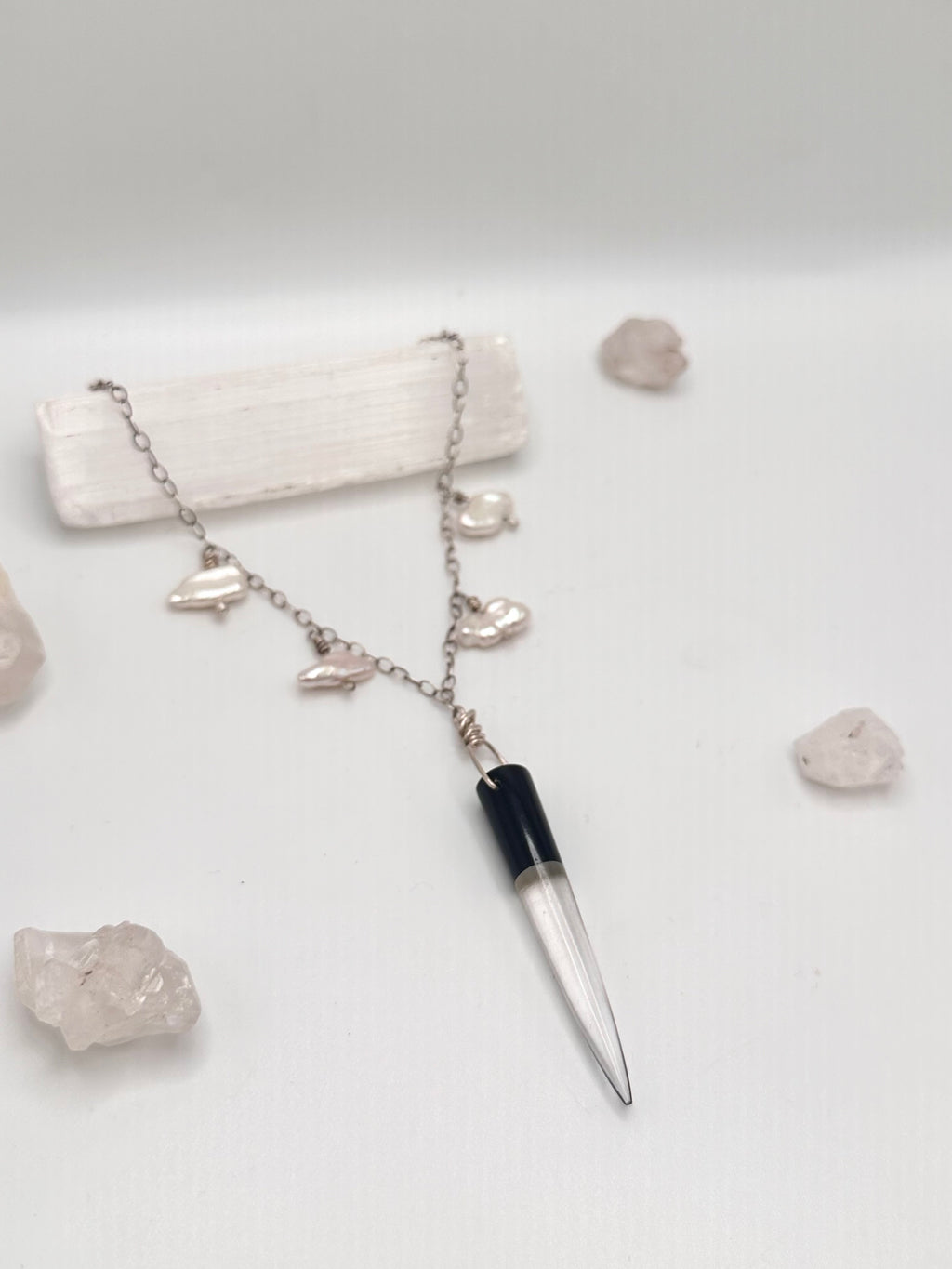 Quartz and Obsidian with Pearls necklace