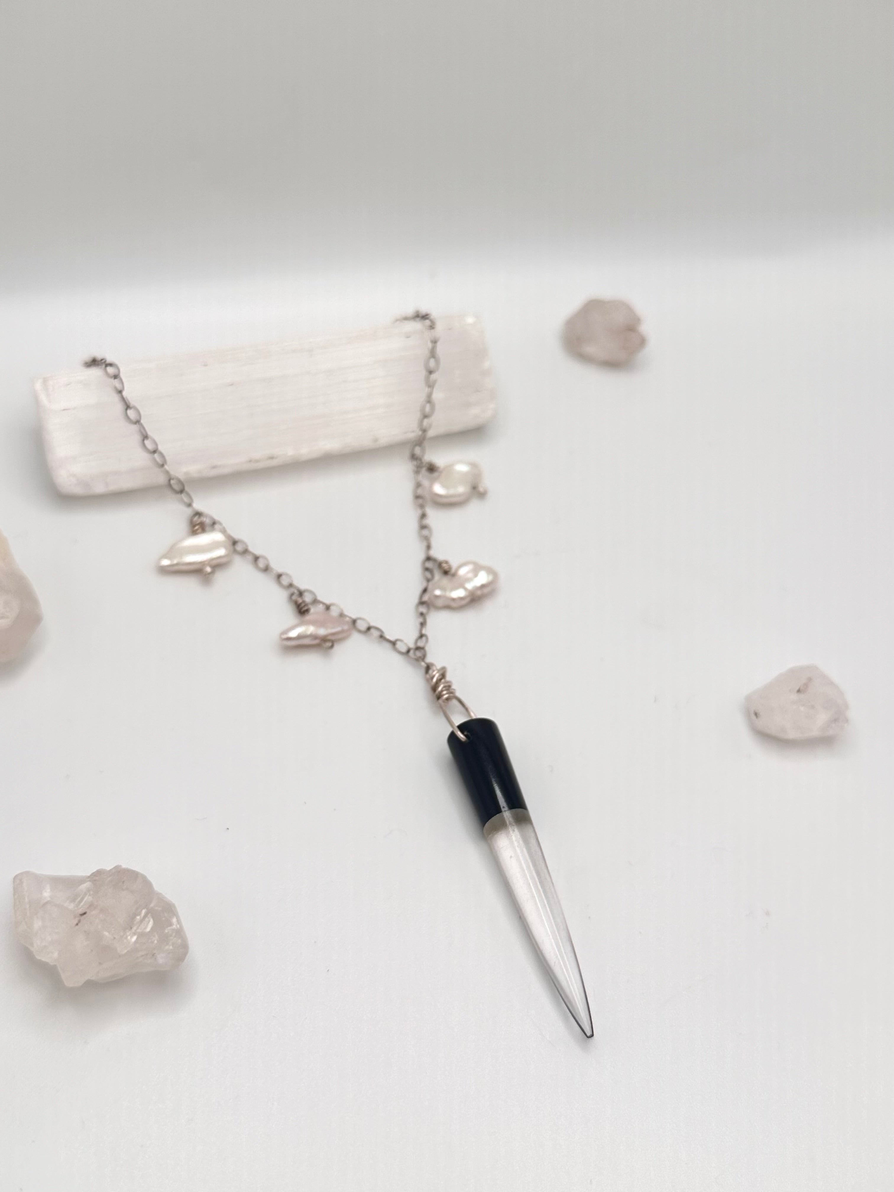 Quartz and Obsidian with Pearls necklace