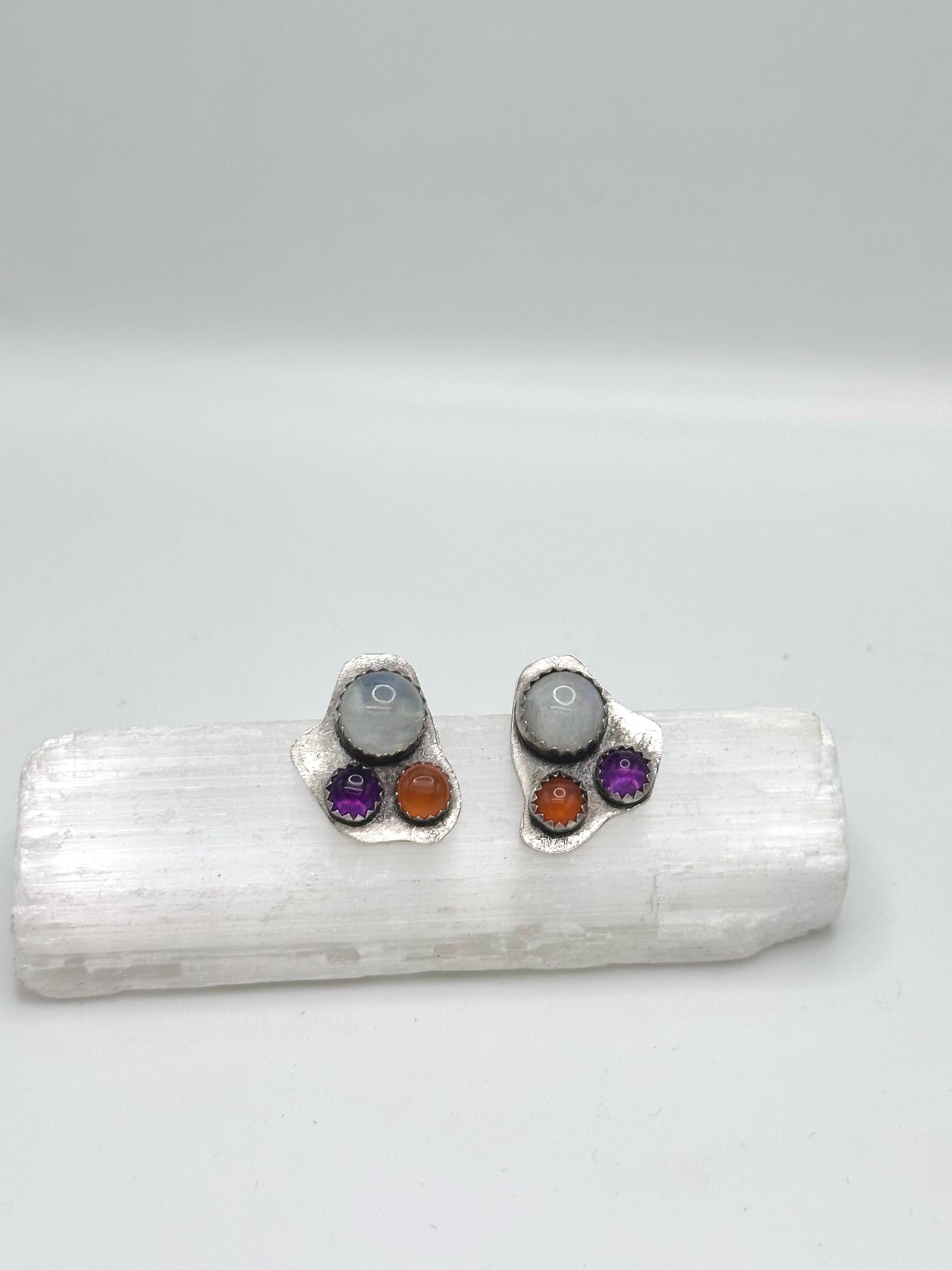 Moonstone, Amethyst + Carnelian studs