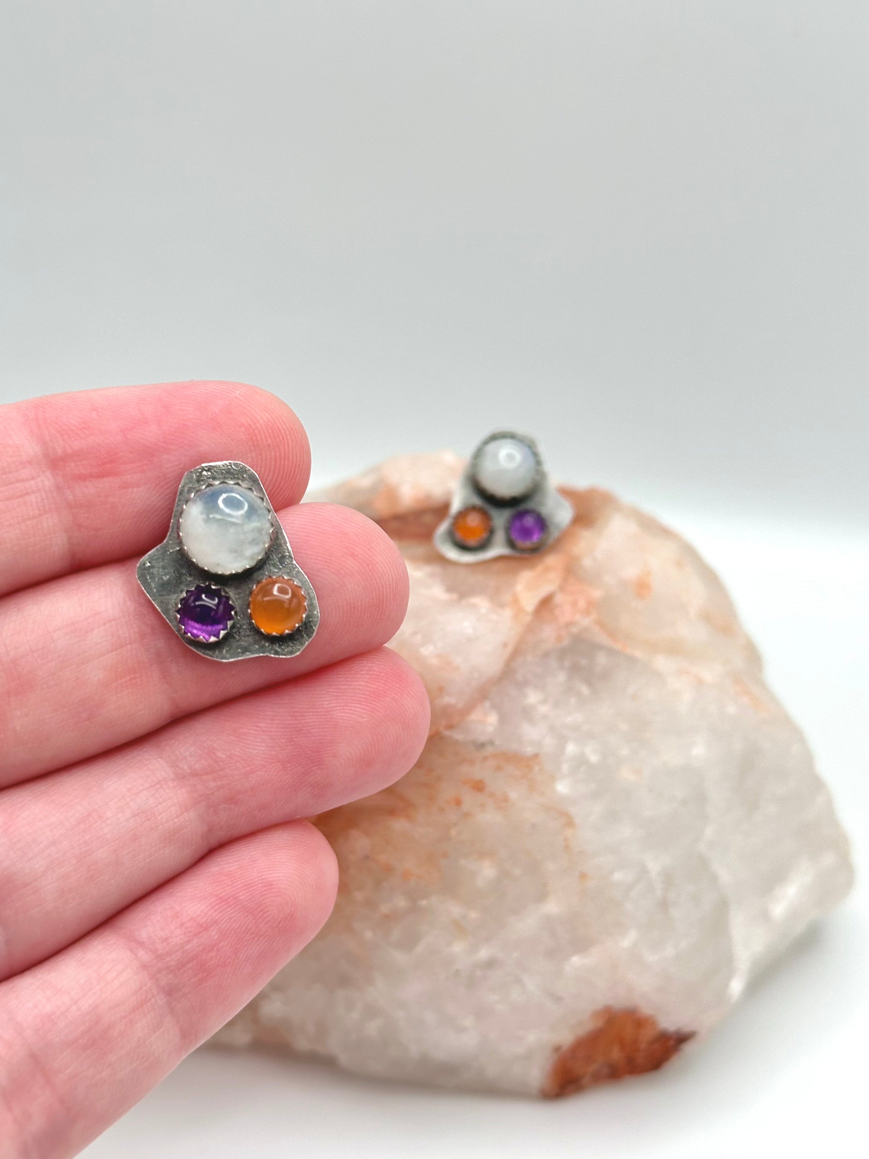 Moonstone, Amethyst + Carnelian studs