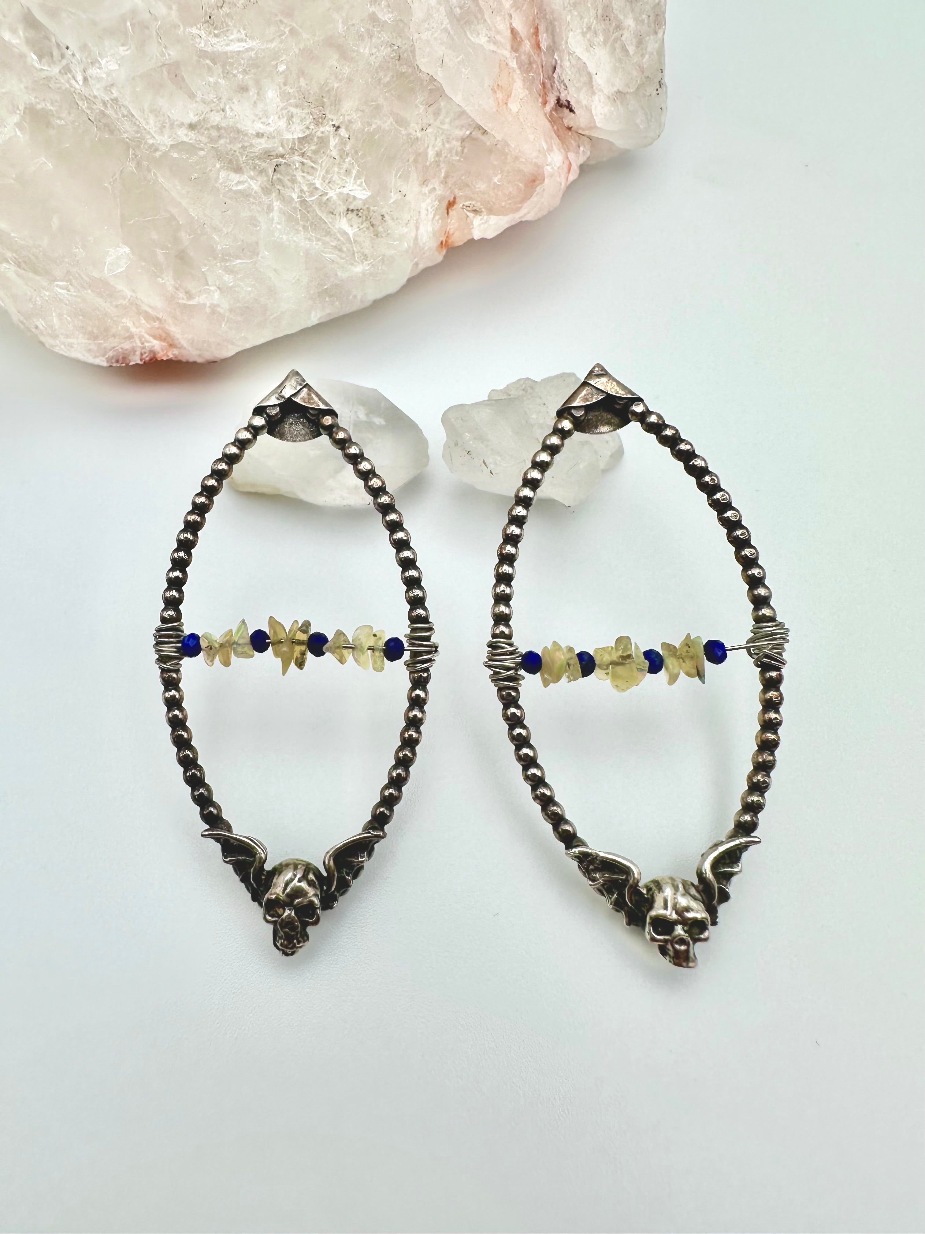 Opal and Lapis Lazuli winged skull earrings