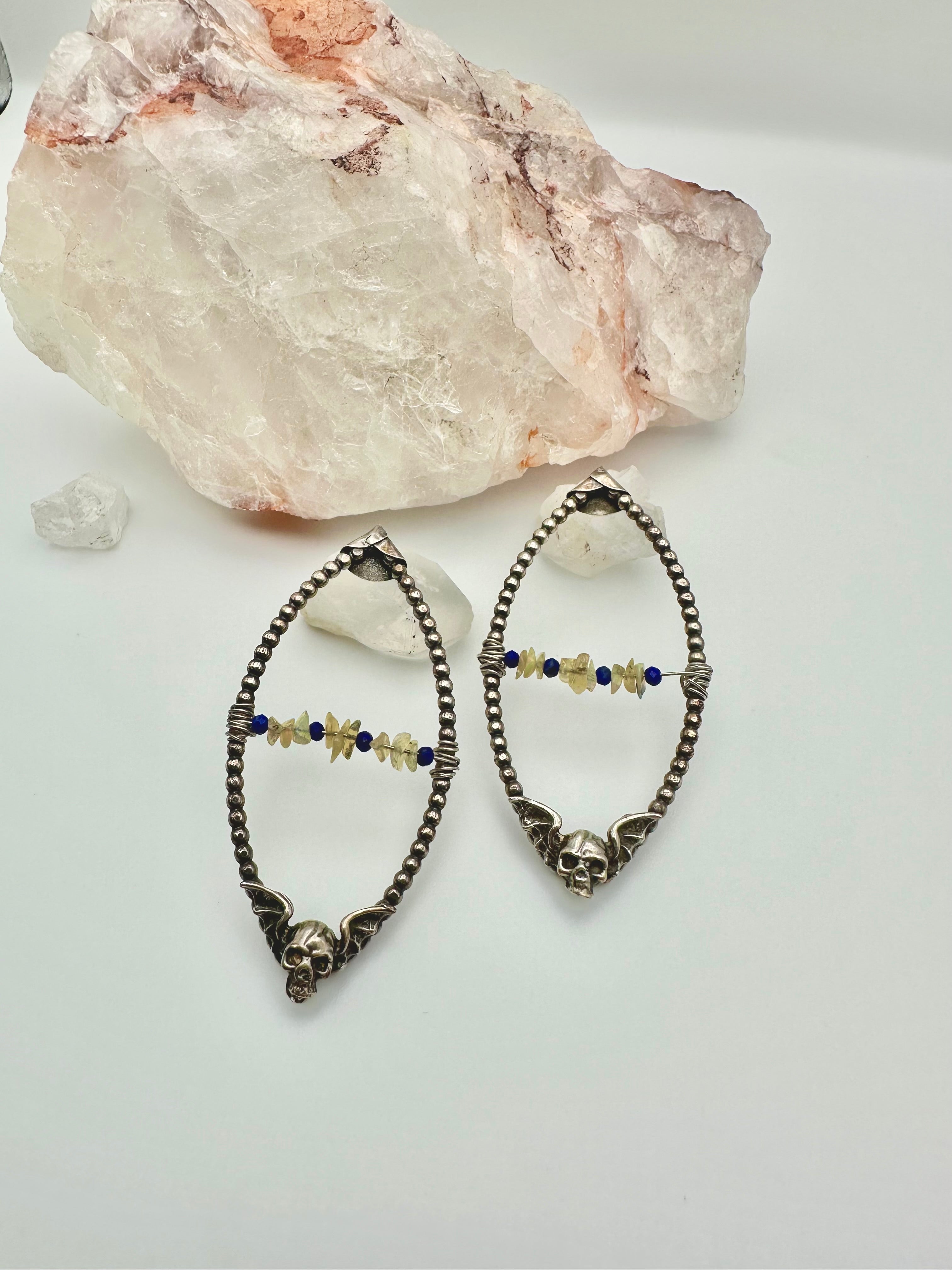 Opal and Lapis Lazuli winged skull earrings