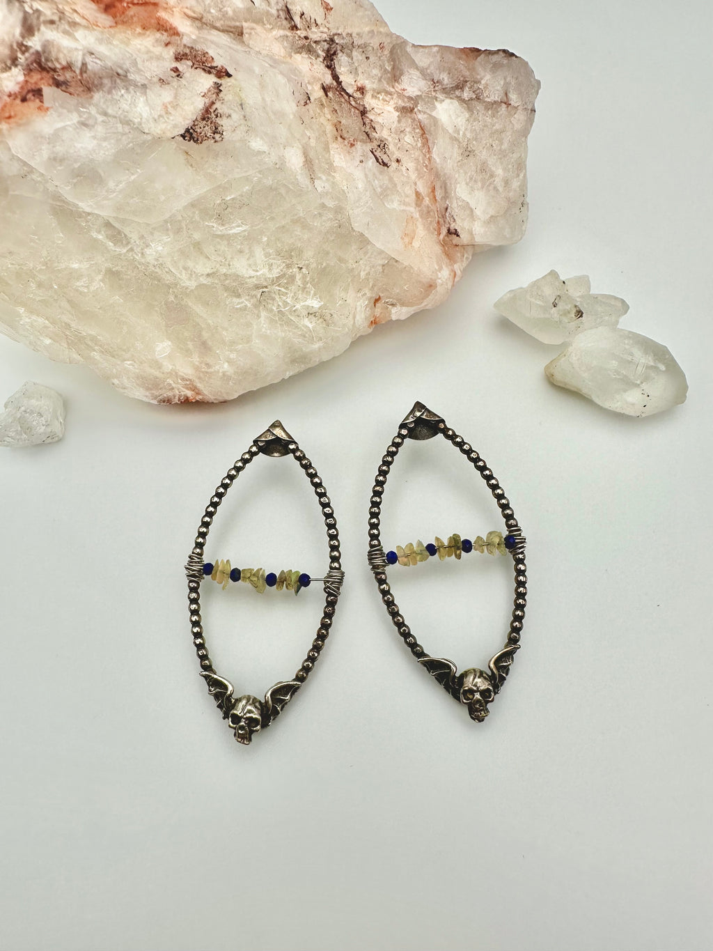 Opal and Lapis Lazuli winged skull earrings