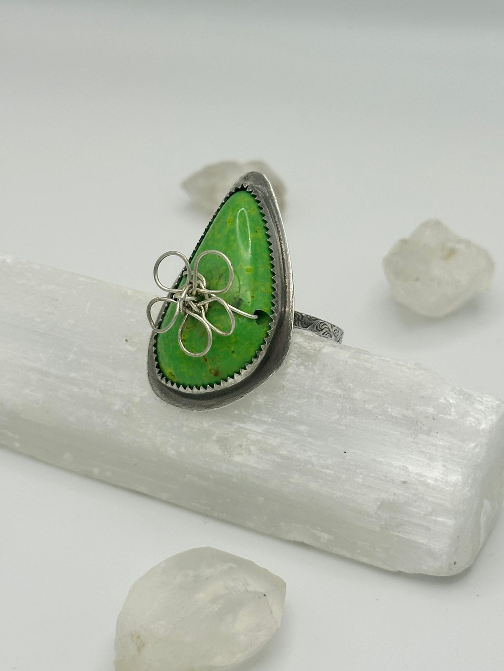 Bright Green Turquoise with wire flower ring