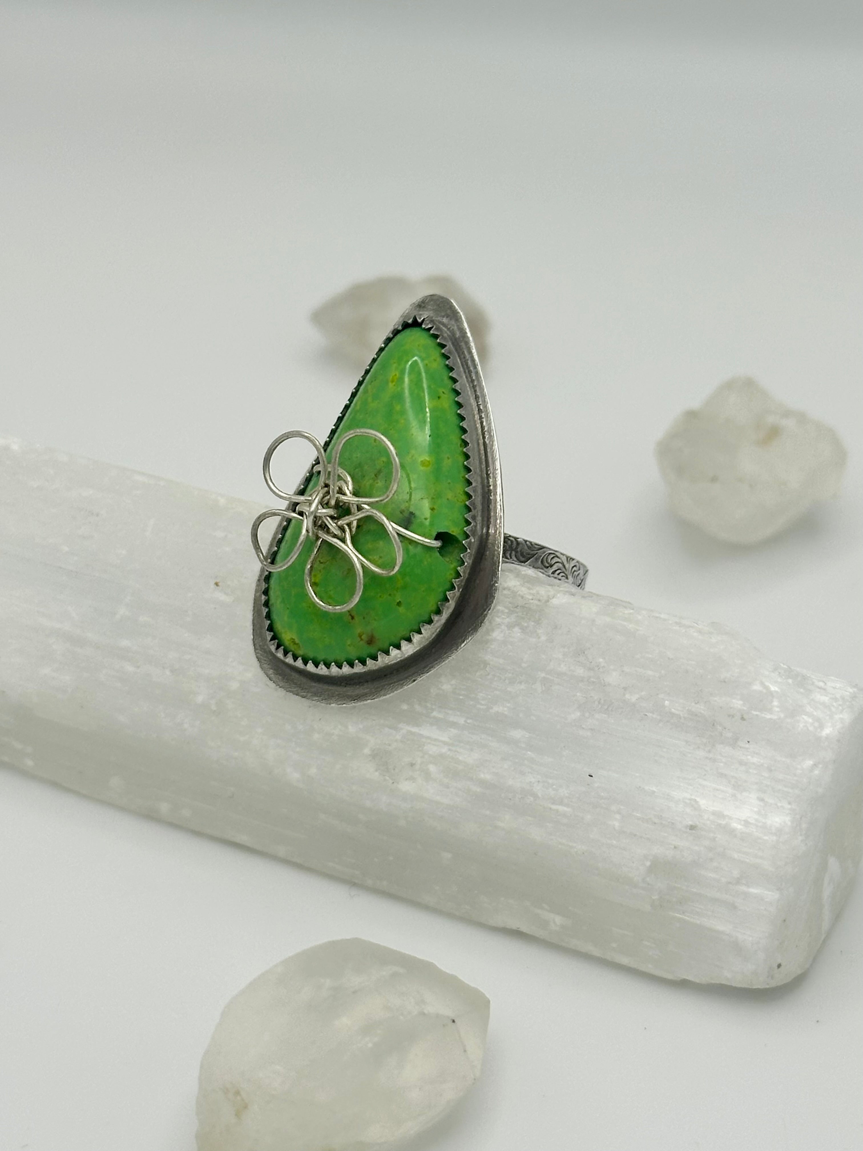 Bright Green Turquoise with wire flower ring