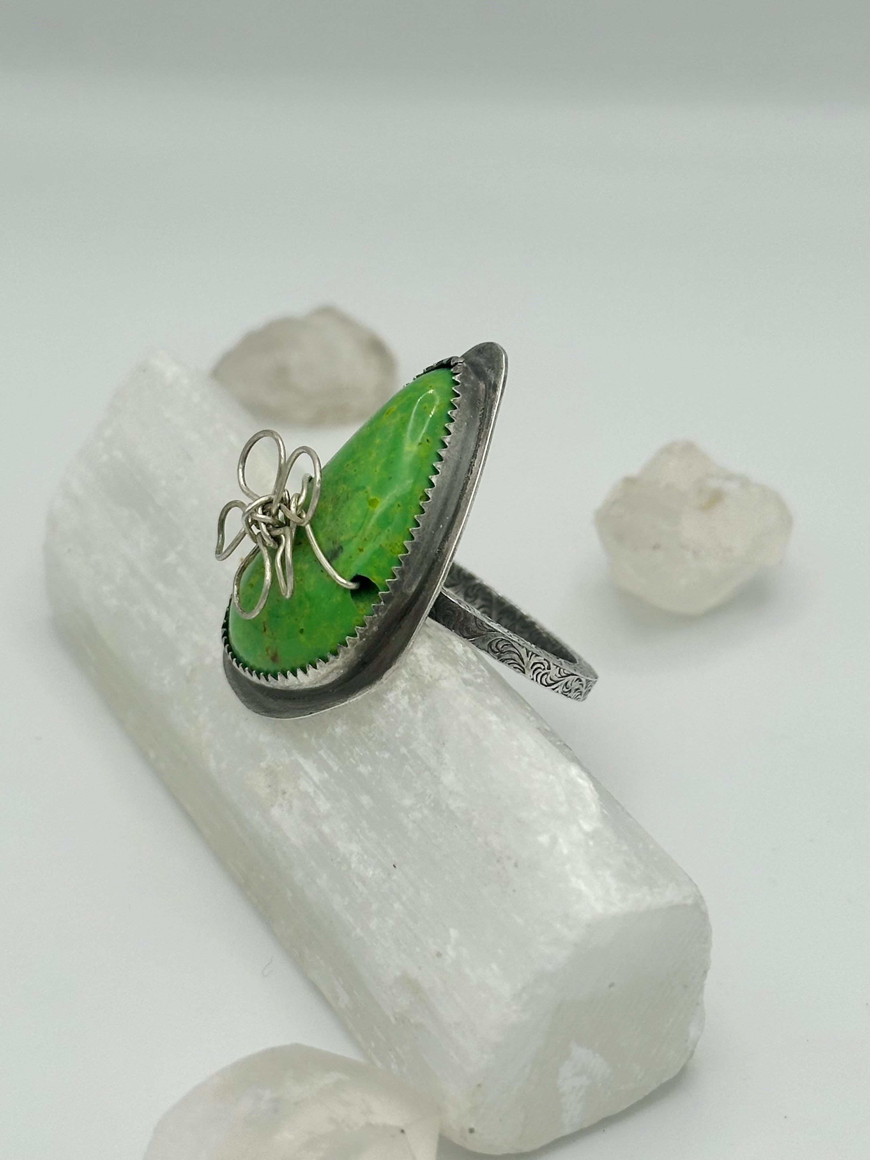 Bright Green Turquoise with wire flower ring