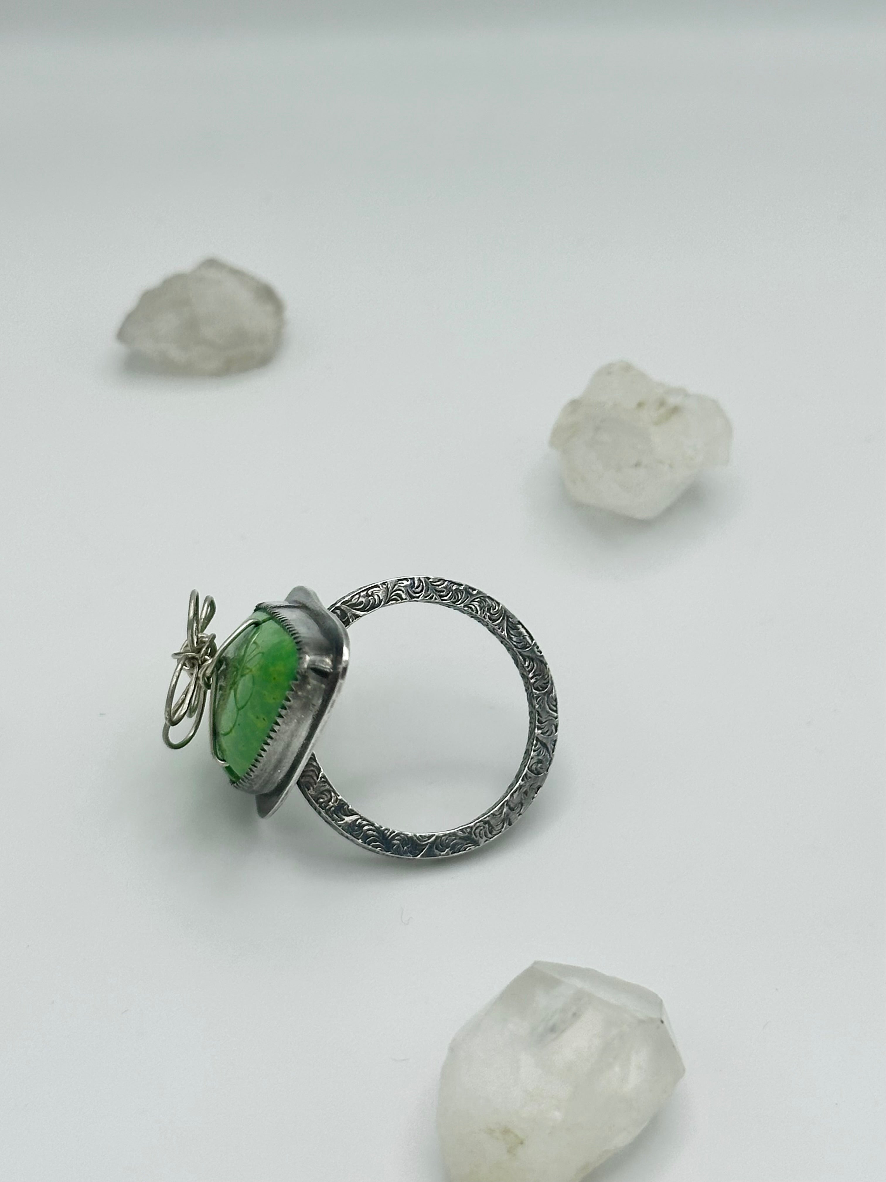 Bright Green Turquoise with wire flower ring