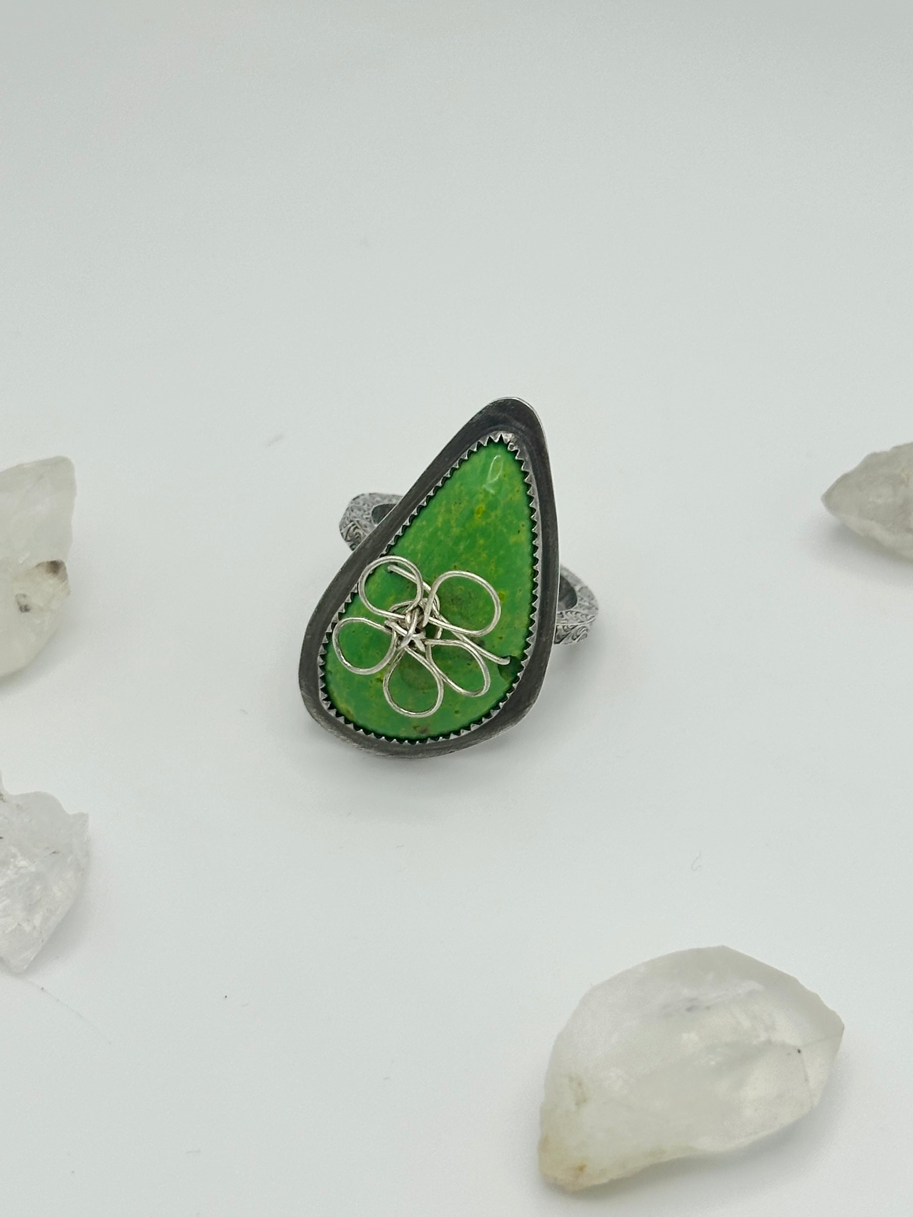 Bright Green Turquoise with wire flower ring