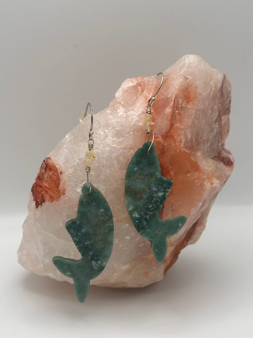 Moss Agate and Opal fish earrings