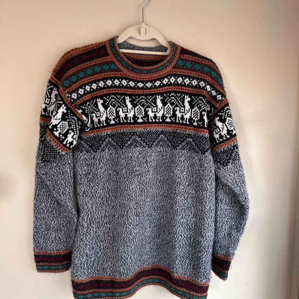 Fun Gray Patterned Alpaca Sweater