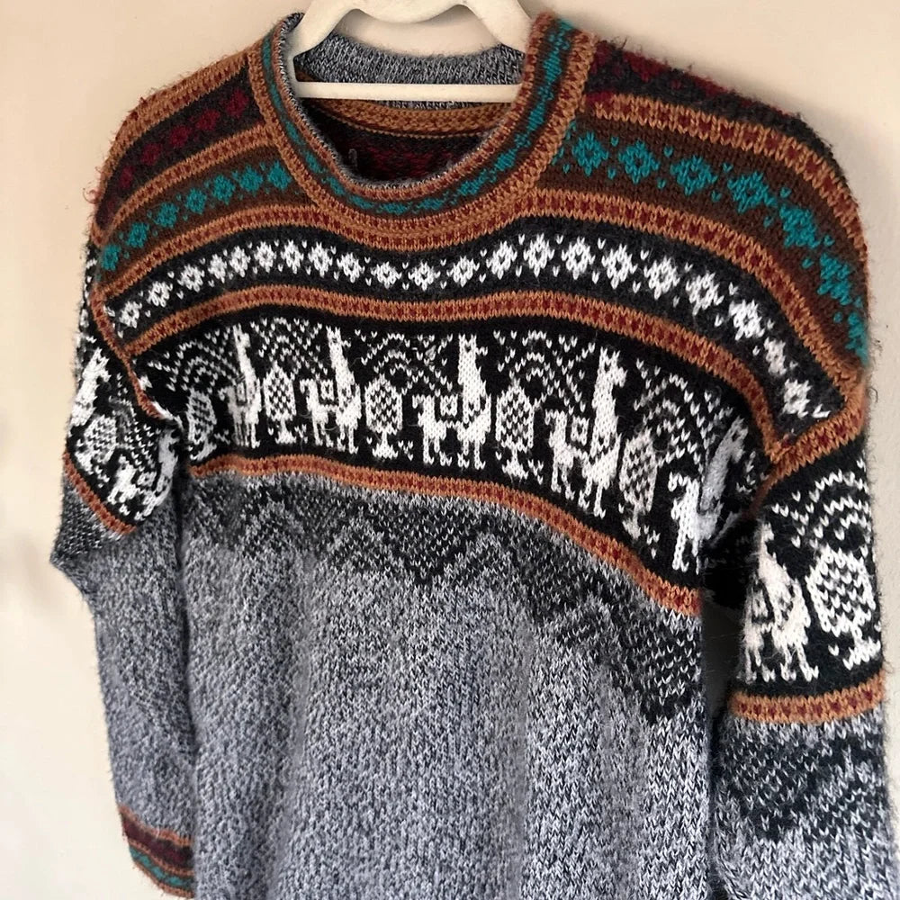 Fun Gray Patterned Alpaca Sweater