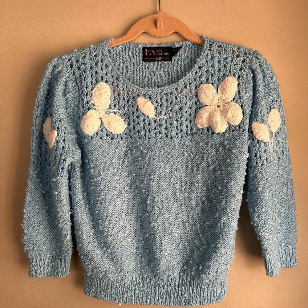 Vintage 70s LeSah Knits Light Blue Floral Sweater