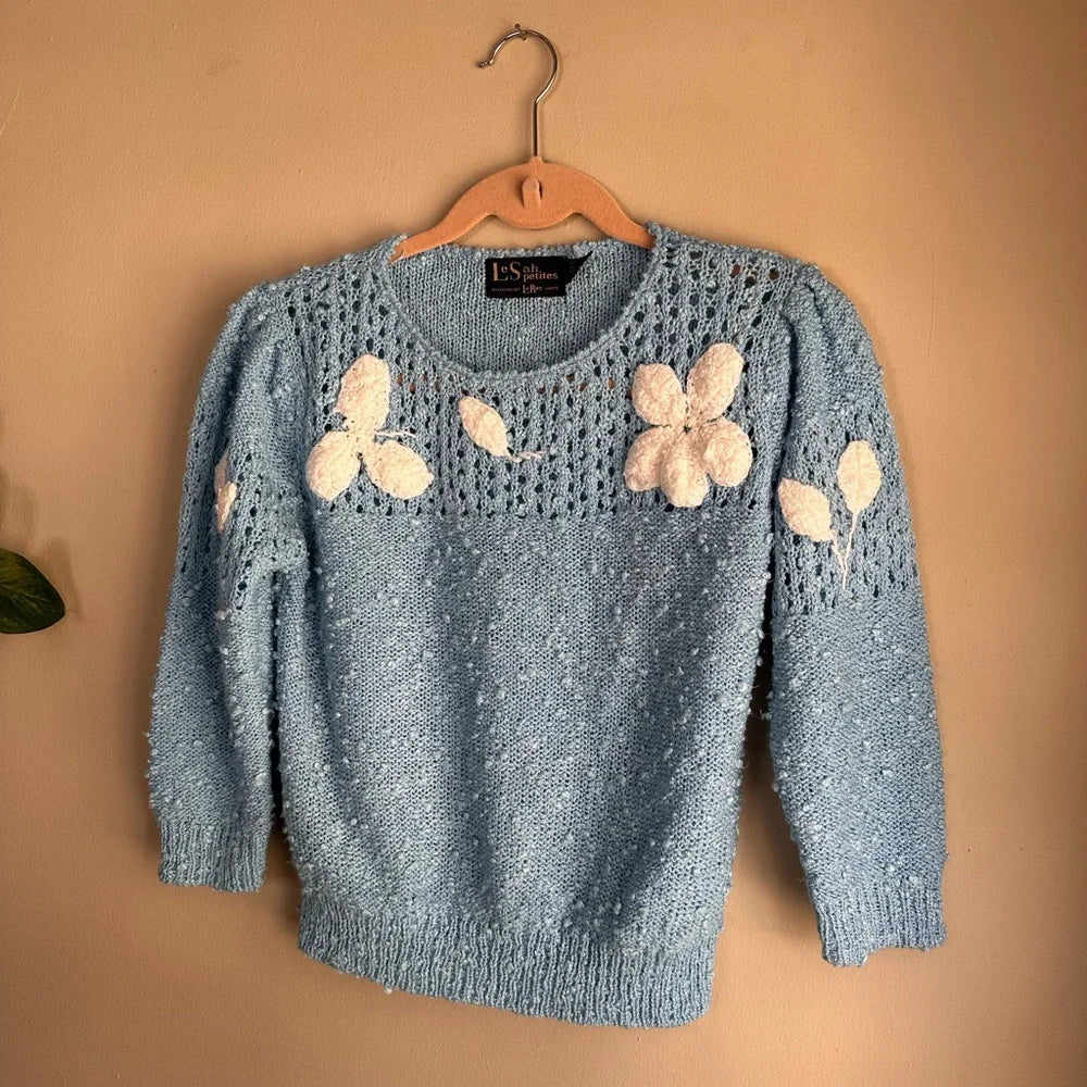 Vintage 70s LeSah Knits Light Blue Floral Sweater