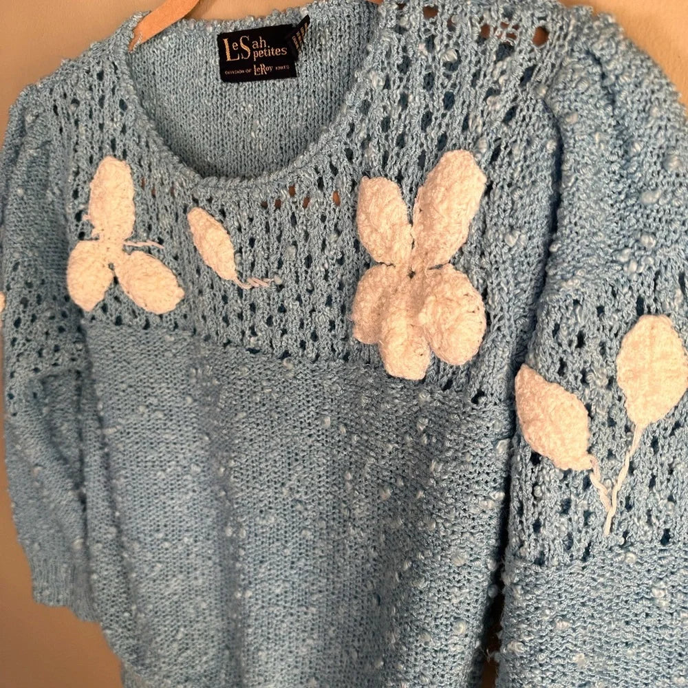 Vintage 70s LeSah Knits Light Blue Floral Sweater
