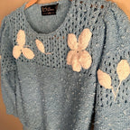 Vintage 70s LeSah Knits Light Blue Floral Sweater