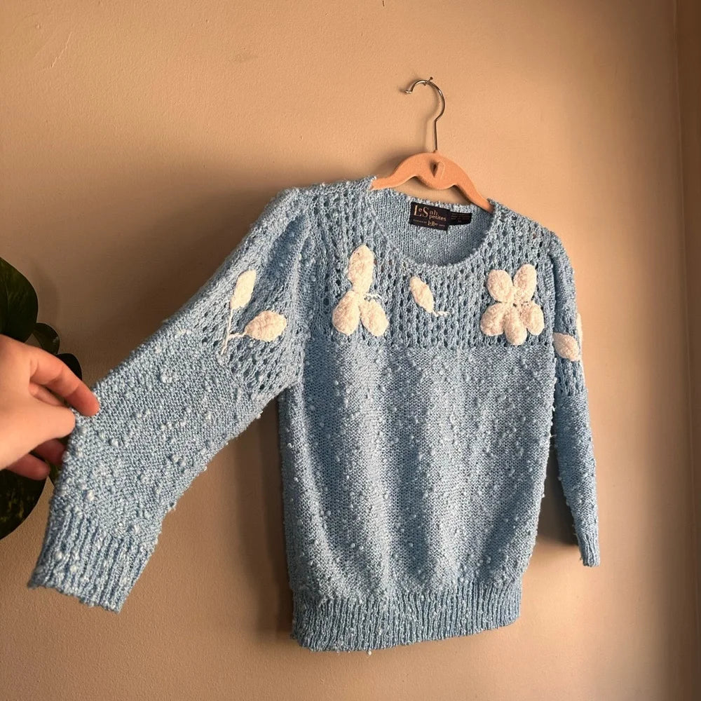 Vintage 70s LeSah Knits Light Blue Floral Sweater