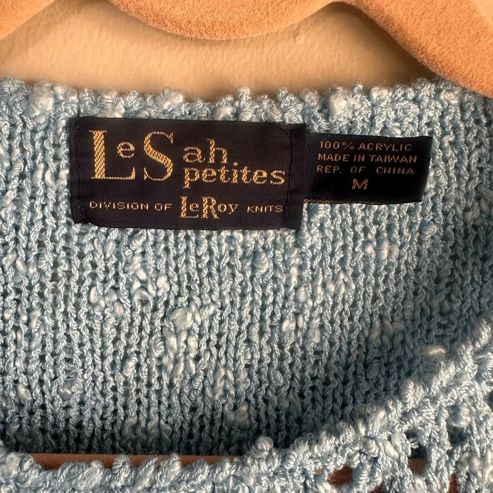 Vintage 70s LeSah Knits Light Blue Floral Sweater